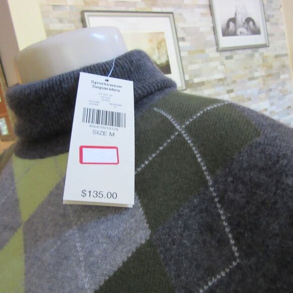 NWT, Valerie Stevens 2 ply Cashmere Turtleneck Sweater, Gray/Green in SZ Medium - Picture 2 of 5